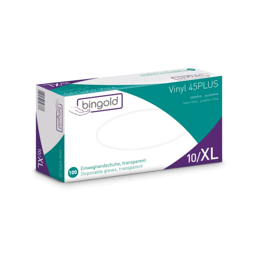 Egy doboz Bingold Vinyl 45PLUS eldobható vinyl kesztyű XL méretben, fehér-kékzöld csomagolásban lila akcentussal, amely ezeket a kesztyűket latex- és púdérmentes alternatívaként hirdeti. A csomag 100 átlátszó kesztyűt tartalmaz.