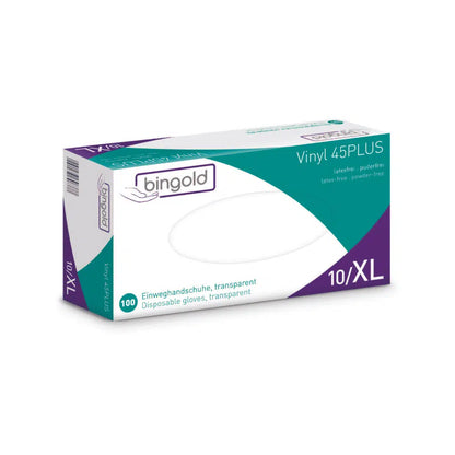 Egy doboz Bingold Vinyl 45PLUS eldobható vinyl kesztyű XL méretben, fehér-kékzöld csomagolásban lila akcentussal, amely ezeket a kesztyűket latex- és púdérmentes alternatívaként hirdeti. A csomag 100 átlátszó kesztyűt tartalmaz.