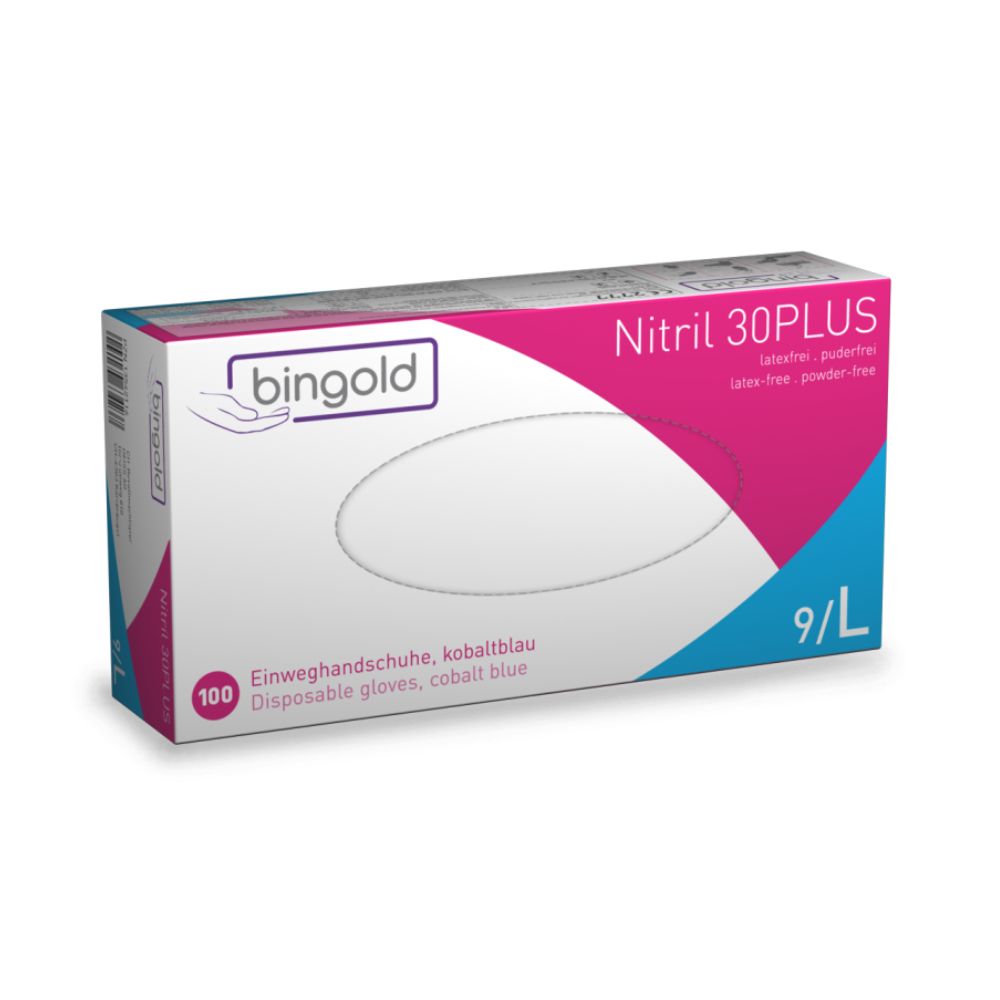 A Bingold Nitril 30PLUS egyszer használatos kesztyűk, 9/L méret, a BINGOLD GmbH + Co. KG-től ideálisak az élelmiszeripar számára. A fehér csomagolás lila és kék akcentusokkal német és angol szöveget tartalmaz. Ezek a kobaltkék kesztyűk latexmentesek és púdermentesek.