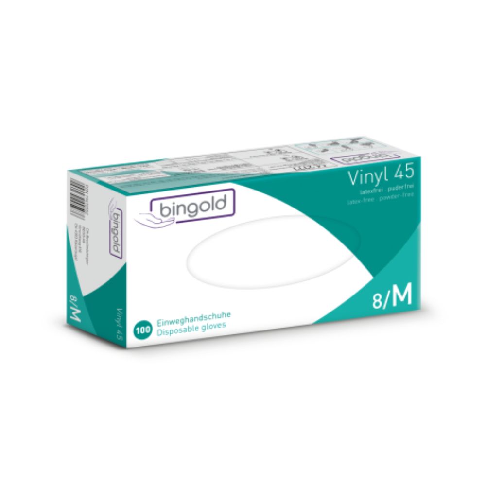 A Bingold Vinyl 45 Eldobható kesztyűk csomagolása zöld és fehér színben a „púdermentes”, „latexmentes” és „8/M” feliratot tartalmazza. 100 kesztyűt tartalmaz, és a BINGOLD GmbH + Co. KG márkajelzéssel és CAT III védelmi osztállyal van ellátva a biztonság biztosítása érdekében.
