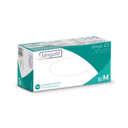 A Bingold Vinyl 45 Eldobható kesztyűk csomagolása zöld és fehér színben a „púdermentes”, „latexmentes” és „8/M” feliratot tartalmazza. 100 kesztyűt tartalmaz, és a BINGOLD GmbH + Co. KG márkajelzéssel és CAT III védelmi osztállyal van ellátva a biztonság biztosítása érdekében.