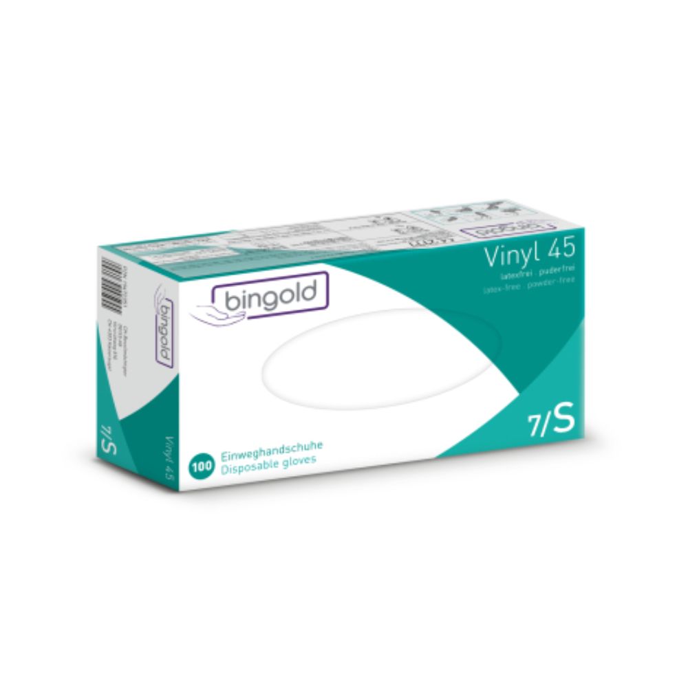 Kép egy túlnyomórészt fehér dobozról zöld akcentusokkal és a „Bingold Vinyl 45 Eldobható kesztyűk” felirattal. A BINGOLD GmbH + Co. KG doboza 100 púdermentes eldobható kesztyűt tartalmaz 7/S méretben, és CAT III VÉDELMI OSZTÁLY-ként van jelölve.