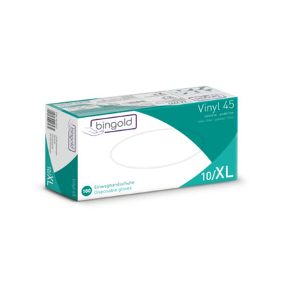 A BINGOLD GmbH + Co. KG Bingold Vinyl 45 Eldobható kesztyűi 10/XL méretben kaphatók, és fehér dobozban vannak csomagolva zöld és lila akcentusokkal, valamint angol és német termékrészletekkel. A doboz 100 átlátszó, latexmentes, púdermentes kesztyűt tartalmaz a CAT III védelmi osztályból.