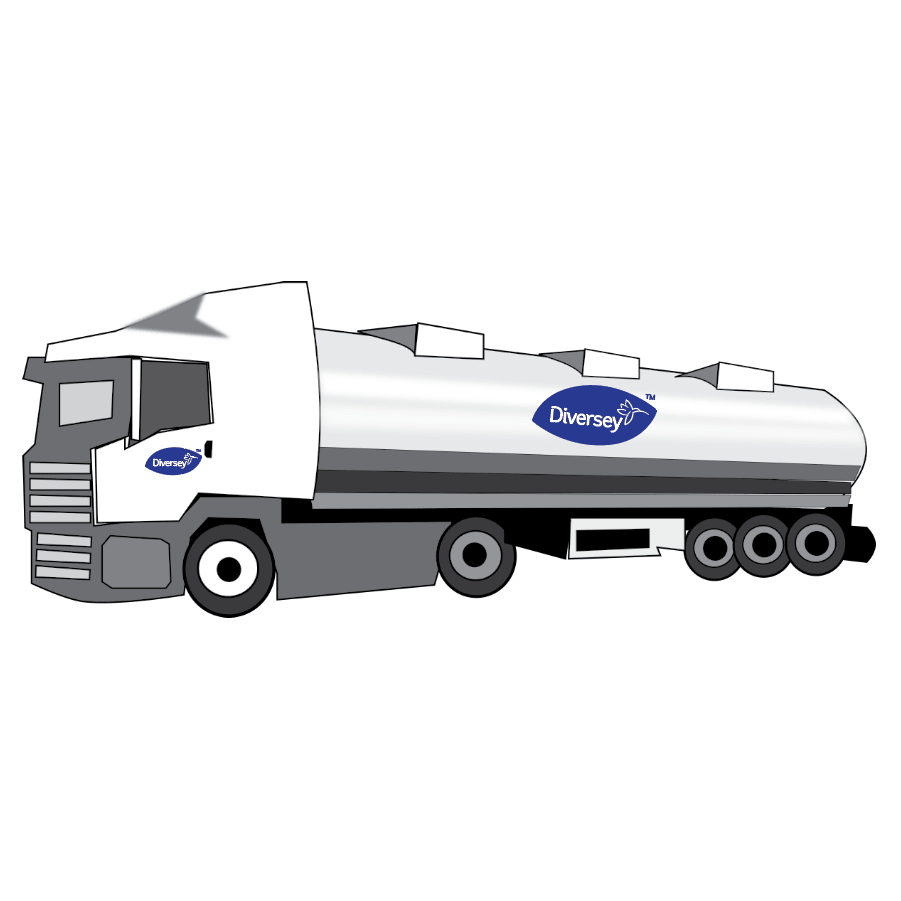 Egy nagy fehér tartálykocsi ábrázolása három hátsó tengellyel, a „Diversey Deutschland GmbH & Co. OHG” logóval és a Diversey Suma Plex T38, vízkeménységkötő márkajelzéssel a vezetőfülke és a tartály oldalán.