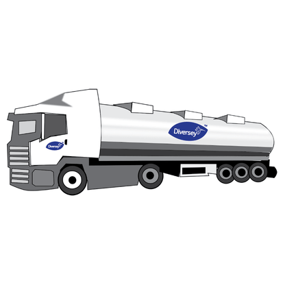Egy nagy fehér tartálykocsi ábrázolása három hátsó tengellyel, a „Diversey Deutschland GmbH & Co. OHG” logóval és a Diversey Suma Plex T38, vízkeménységkötő márkajelzéssel a vezetőfülke és a tartály oldalán.