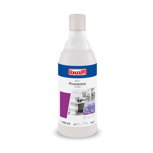 Egy 600 ml-es üveg Buzil Air Provence G 565 használatra kész helyiségfrissítő a BUZIL-WERK Wagner GmbH & Co. KG-tól, fehér-kék címkével, amelyen a márka logója, a termék neve és tiszta beltéri terek képei láthatók.