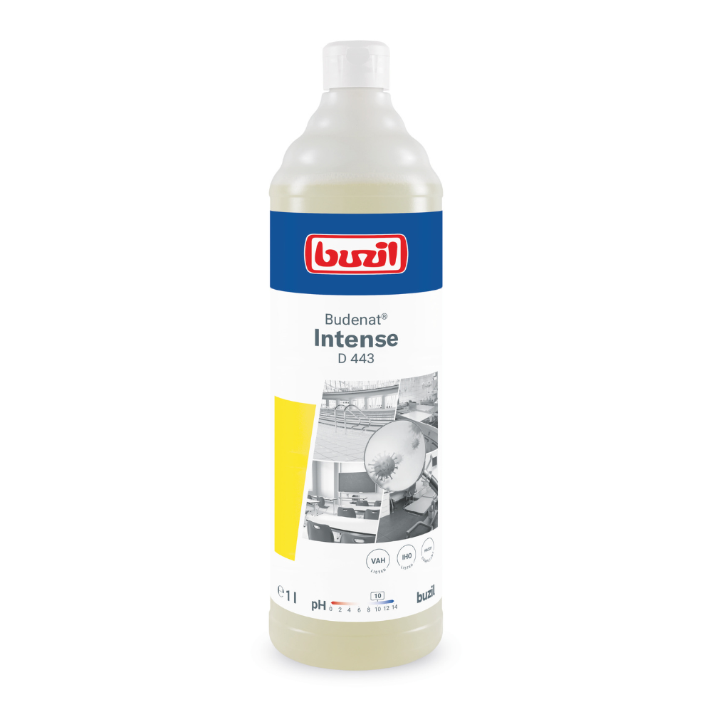 Egy 1 literes Buzil Budenat® Intense D 443 Nagyhatékonyságú fertőtlenítőszer a BUZIL-WERK Wagner GmbH & Co. KG-től kék-piros márkajelzéssel és tiszta környezetet ábrázoló képekkel van ellátva. Tartalmaz pH-értékeket és használati utasításokat, így ideális a HACCP-koncepció alkalmazásaihoz, hogy biztosítsa a baktericid hatékonyságot professzionális környezetekben.