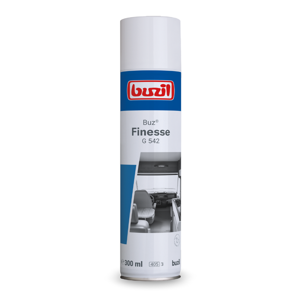 Das Buzil Buz® Finesse G 542, ein gebrauchsfertiges Möbel- und Spezialpflegeprodukt in einer 300-ml-Flasche von BUZIL-WERK Wagner GmbH & Co. KG, eignet sich perfekt für Reinigungs- und Pflegeaufgaben. Es ist besonders für die Möbelpflege geeignet und bietet Spezialpflege mit antistatischer Wirkung, um Oberflächen makellos und staubfrei zu halten.