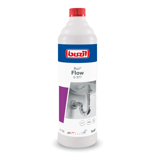 Egy 1 literes palack Buzil Buz® Flow G 577 folyékony csőtisztító, gyártója a BUZIL-WERK Wagner GmbH & Co. KG. A címkén egy szaniterábrázolás és a termék logója látható. A túlnyomórészt fehér palackot piros, kék és lila részletek díszítik, és piros kupakkal van ellátva, amelynek feladata a lefolyók eltömődéseinek hatékony eltávolítása.