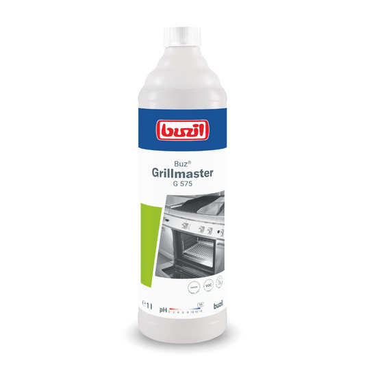 Eine Flasche Buzil Buz® Grillmaster G 575 Hochalkalischer Grill- und Backofenreiniger von BUZIL-WERK Wagner GmbH & Co. KG mit blau-rotem Logo. Das Etikett zeigt einen sauberen Grillofen und die Flasche ist weiß-grün gestaltet. Sie enthält 1 Liter und ist mit einem pH-Symbol gekennzeichnet.