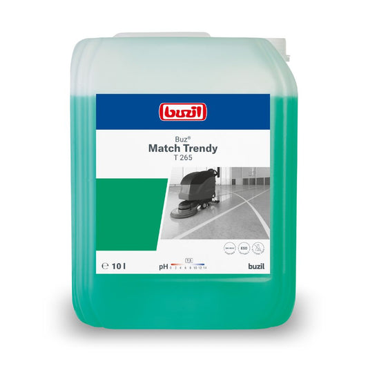 Ein 10-Liter-Kanister Buzil Buz® Match Trendy T 265 Neutraler Automatenreiniger der BUZIL-WERK Wagner GmbH & Co. KG ist mit einem grünen Etikett mit Umweltsymbolen, pH-Wert-Indikator und Reinigungshinweisen versehen. Die Abbildung einer Bodenreinigungsmaschine unterstreicht die hohe Materialverträglichkeit für den Einsatz als neutraler Maschinenreiniger.