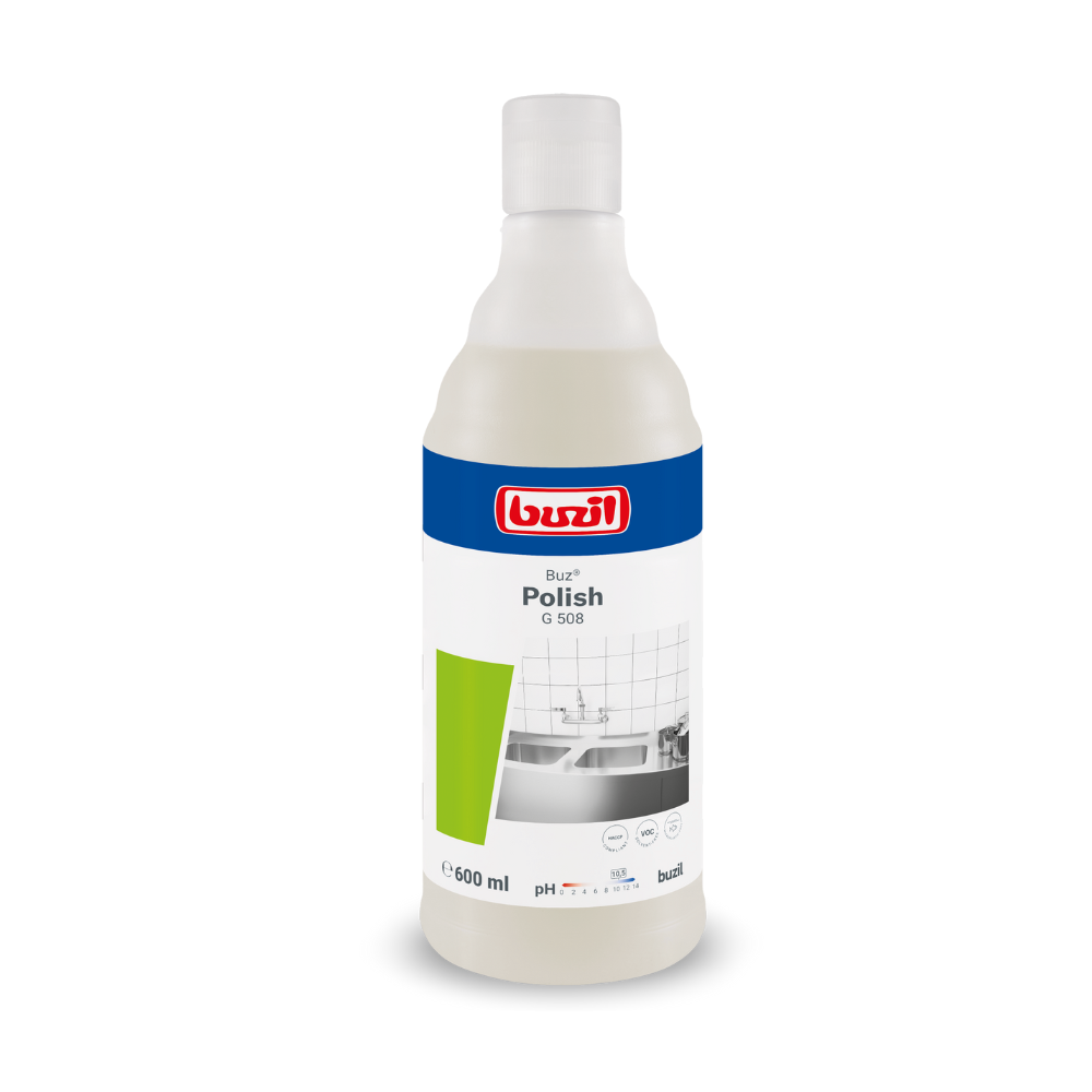 Egy 600 ml-es Buzil Buz® Polish G 508 használatra kész súrolótej üveg, függőlegesen állva. A címke kék-fehér dizájnt mutat zöld akcentusokkal és egy csempézett felület képével, ami kiemeli a hatékonyságát a felülettisztításban. A BUZIL-WERK Wagner GmbH & Co. KG márkalogója felül jól láthatóan elhelyezve.