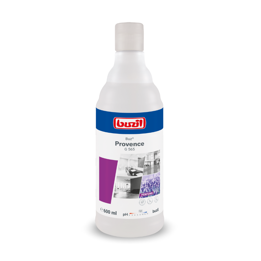 Egy 600 ml-es Buzil Buz® Provence G 565 használatra kész illóolaj nyugtató levendulaillattal és aktív szagblokkolóval. A termék címkéje a BUZIL-WERK Wagner GmbH & Co. KG márkalogóját, a termék nevét és a használatát bemutató képeket mutatja. Az üveg fehér kupakkal és túlnyomórészt fehér címkével van kialakítva, lila akcentusokkal kiegészítve.