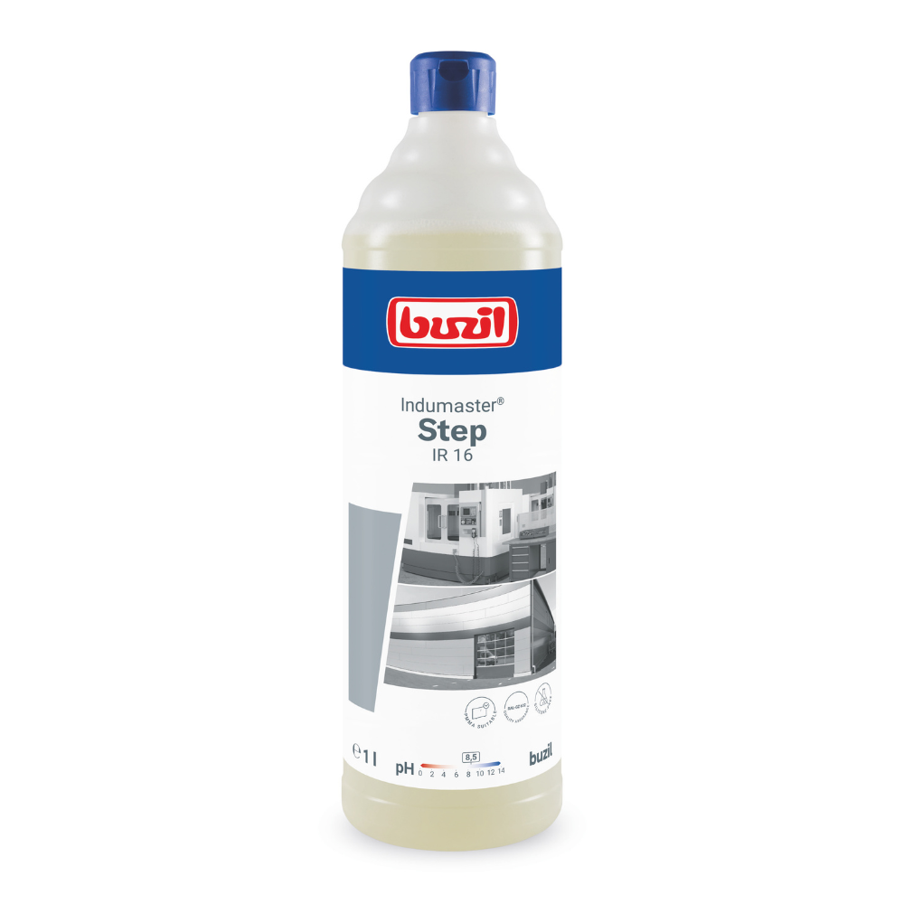 Eine Ein-Liter-Flasche des Bodenreinigers Buzil Indumaster® Step IR 16 der BUZIL-WERK Wagner GmbH & Co. KG trägt oben auf dem Etikett ein blau-rotes Logo, neben Text und einem Graustufenbild von Gebäudeoberflächen sowie einen blauen Deckel.