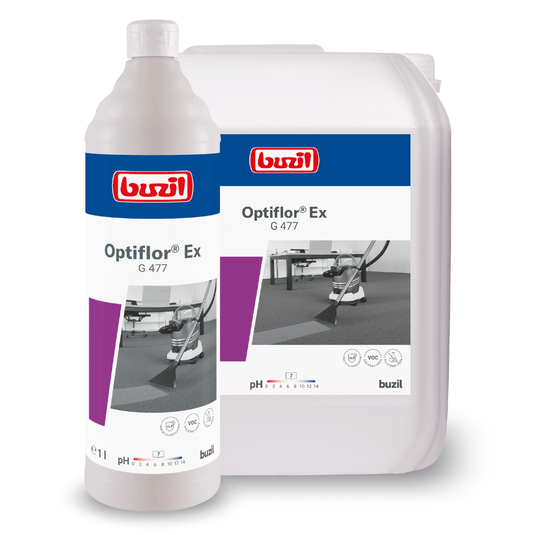 A képen két Buzil Optiflor® Ex G 477 szőnyegalap-tisztítószer látható, amelyet szőnyegek permetezéses-kivonásos tisztításához használnak: egy fehér palack és egy nagy kanna, mindkettőn a BUZIL-WERK Wagner GmbH & Co. KG márkajelzésével.