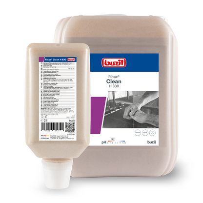 A kép két Buzil Rinax® Clean H 830 kézmosó folyékony krémet ábrázol a BUZIL-WERK Wagner GmbH & Co. KG-től. A nagyobb tartály egy fogantyús kancsó, míg a kisebb egy adagolózáras palack. Mindkét címke hangsúlyozza a kéz gyengéd tisztítását és professzionális higiéniáját, ezzel alátámasztva a kézmosó folyékony krém receptúráját.