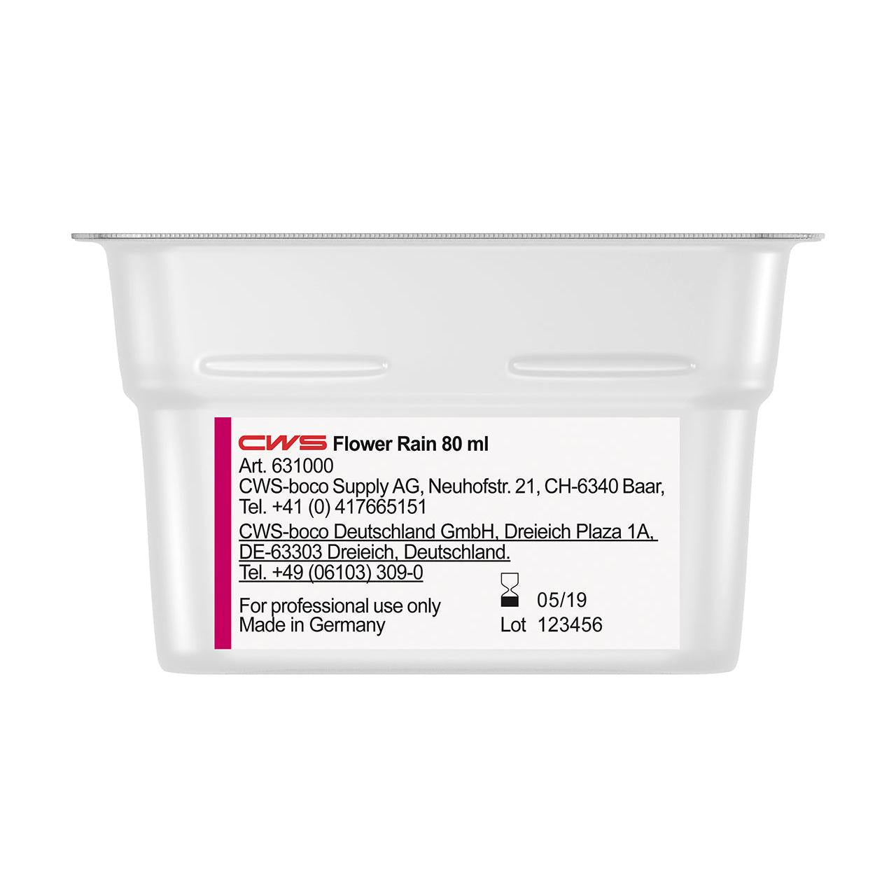Egy téglalap alakú 80 ml-es CWS ParadiseLine mosdóillat illatosító adagolóhoz Paradise Air Bar, amelyen a "CWS Flower Rain" felirat szerepel, termék-, cég- és kapcsolati információkkal, valamint használati utasítással. Németországban készült. Érvényes: 05/19. Tétel: 123456. Ideális mosdóillatként.