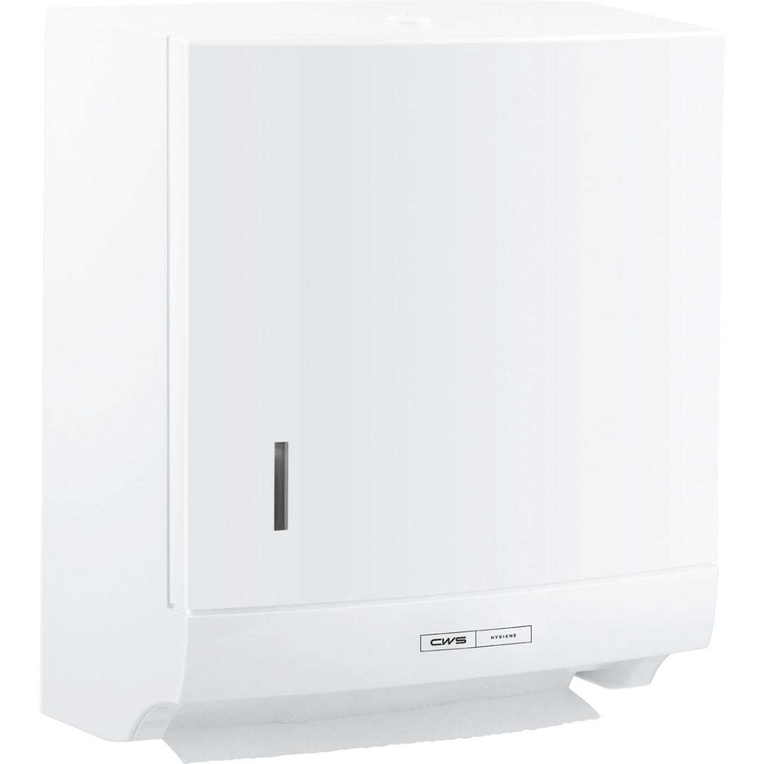 A CWS ParadiseLine Faltpapierhandtuchspender Paper Slim fehér nyomógombos változata higiénikus, falra szerelhető papírkivételt kínál, karcsú kialakítással és egy töltöttség ellenőrző panellel rendelkezik.