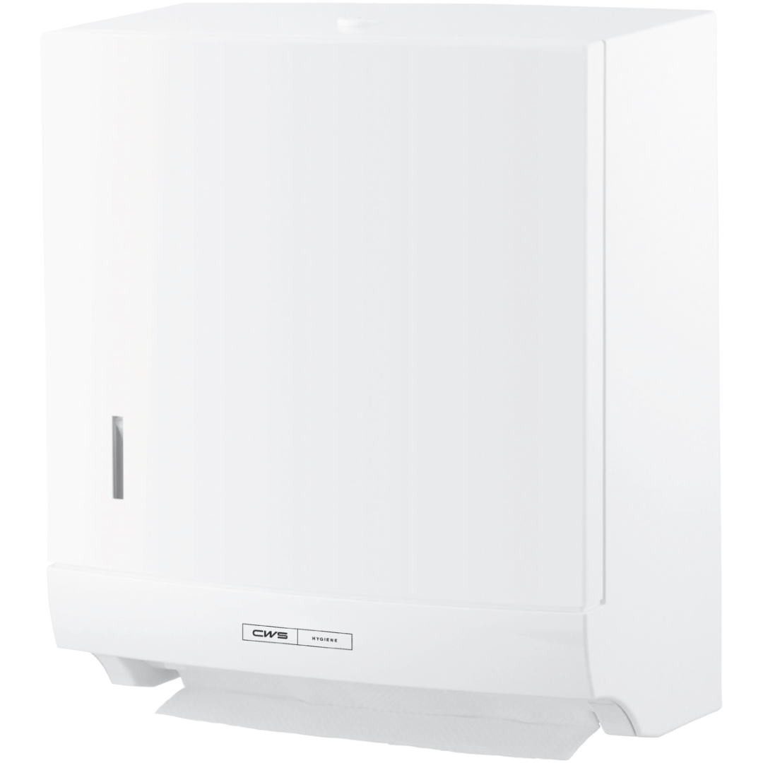 A CWS ParadiseLine Faltpapierhandtuchspender Paper Slim, fehér, nyomógombbal, karcsú, téglalap alakú kialakításával győz meg. A CWS logó elöl látható, és egy papírlap lóg ki alul a higiénikus kezelés érdekében.