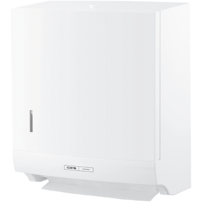 A CWS ParadiseLine Faltpapierhandtuchspender Paper Slim, fehér, nyomógombbal, karcsú, téglalap alakú kialakításával győz meg. A CWS logó elöl látható, és egy papírlap lóg ki alul a higiénikus kezelés érdekében.