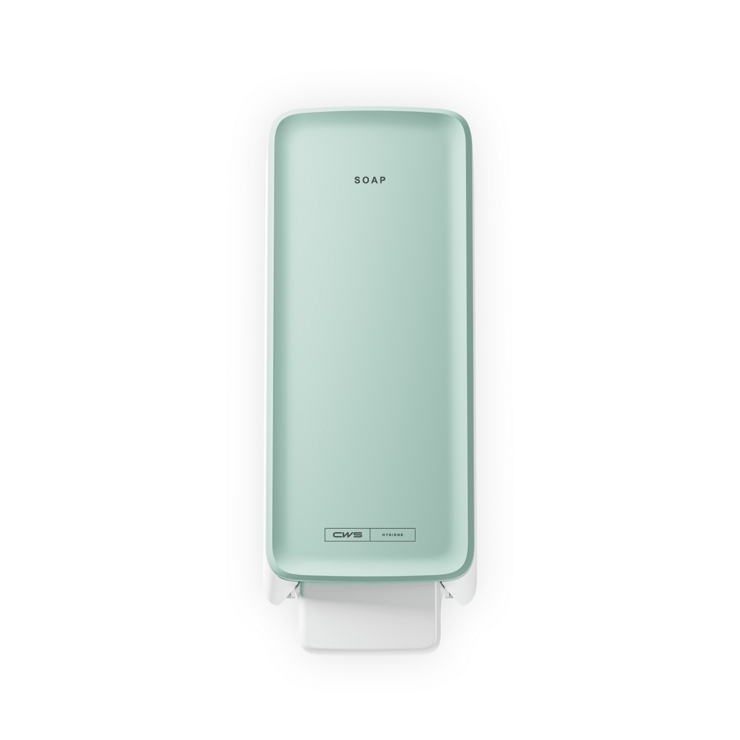 Egy mentazöld CWS PureLine Cream szappanadagoló a CWS-től "SOAP" felirattal a tetején és egy fehér nyomókarral, felülről fehér háttér előtt ábrázolva - ideális bármely mosdóhoz.