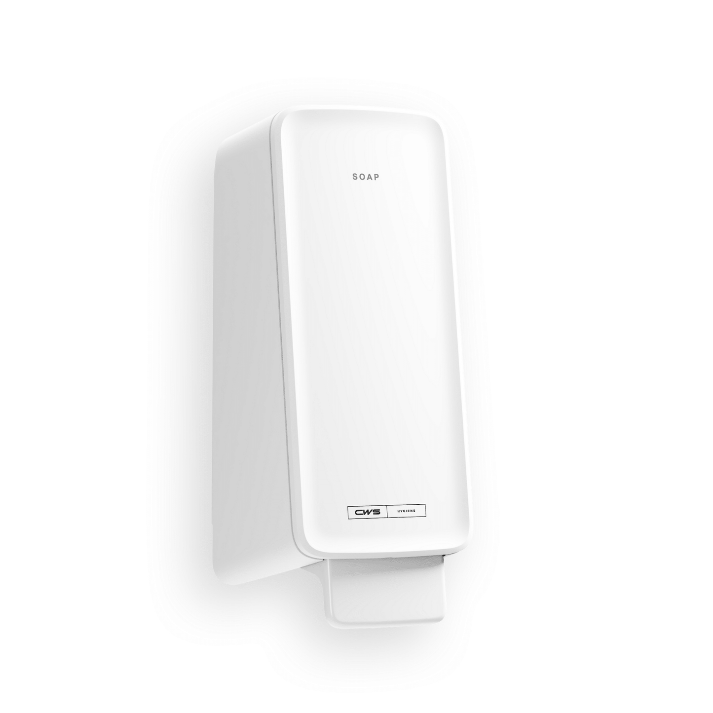 Egy fehér, téglalap alakú CWS PureLine Foam szappanadagoló a CWS-től, amely alsó nyomókarral, felső "SOAP" felirattal és a talapzat közelében található címkével van a falra rögzítve - tökéletes bármely mosdóhoz egyszerű fehér háttérrel.