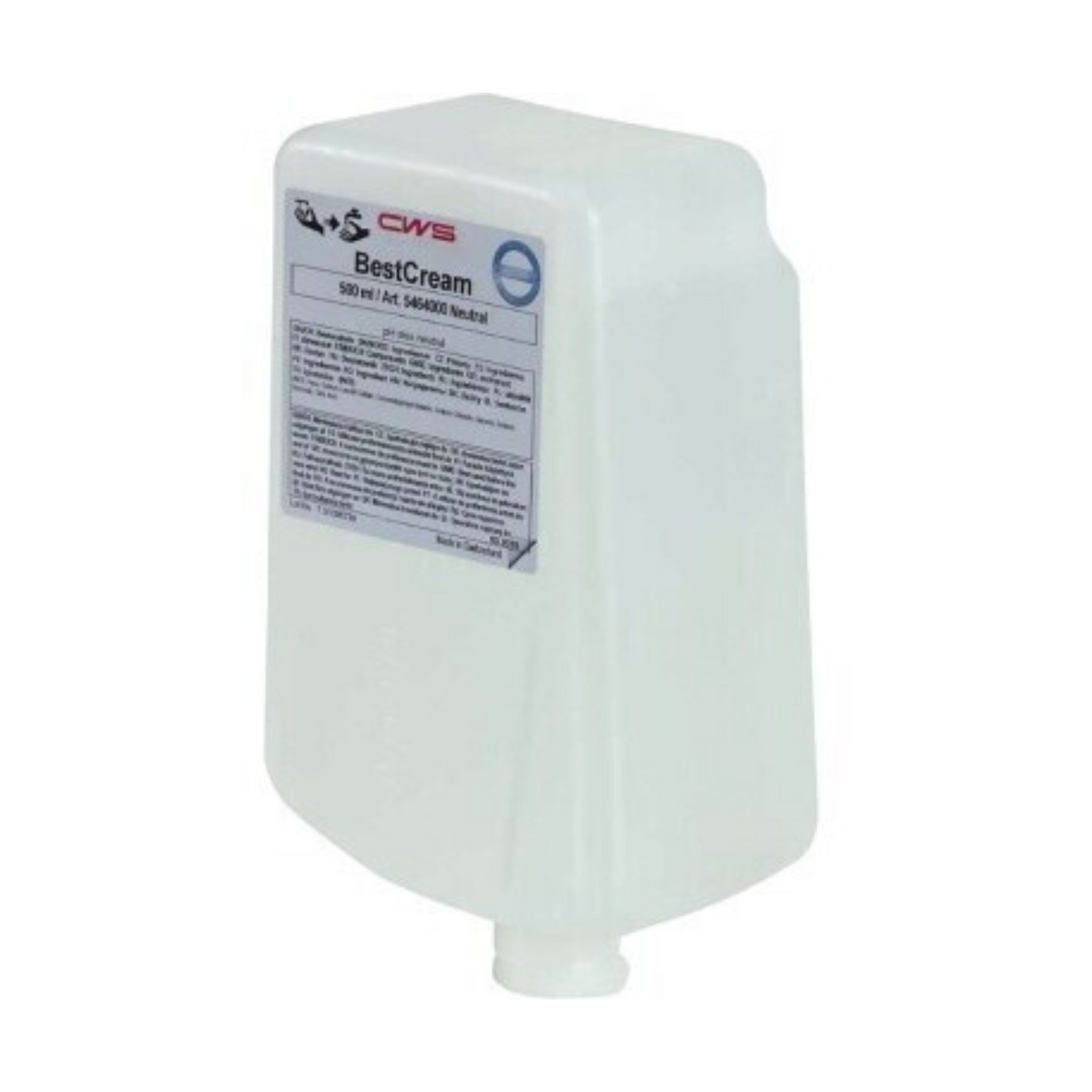 Egy fehér tartály CWS szappankrém BestCream Neutral 1000 ml utántöltő szappannal, amelynek elején egy címke található. A tartály úgy tűnik, hogy 500 ml terméket tartalmaz. A címke szöveget és logókat tartalmaz, ahol a termék neve „BestCream Neutral 1000 ml utántöltő szappan” jól látható. Ez a biológiailag lebomló krém emellett semleges illattal rendelkezik a kellemes élmény érdekében.