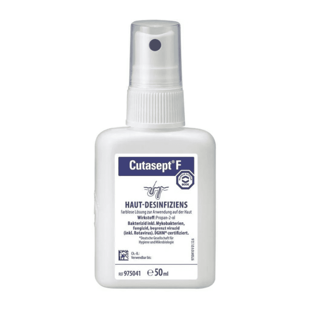 Egy 50 ml-es Bode Cutasept® F bőrfertőtlenítő spray flakon. A címke kék-fehér és tartalmazza a termék részleteit és használati utasításait németül. A Paul Hartmann AG gyártmánya.