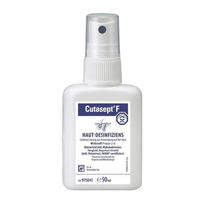 Egy 50 ml-es Bode Cutasept® F bőrfertőtlenítő spray flakon. A címke kék-fehér és tartalmazza a termék részleteit és használati utasításait németül. A Paul Hartmann AG gyártmánya.