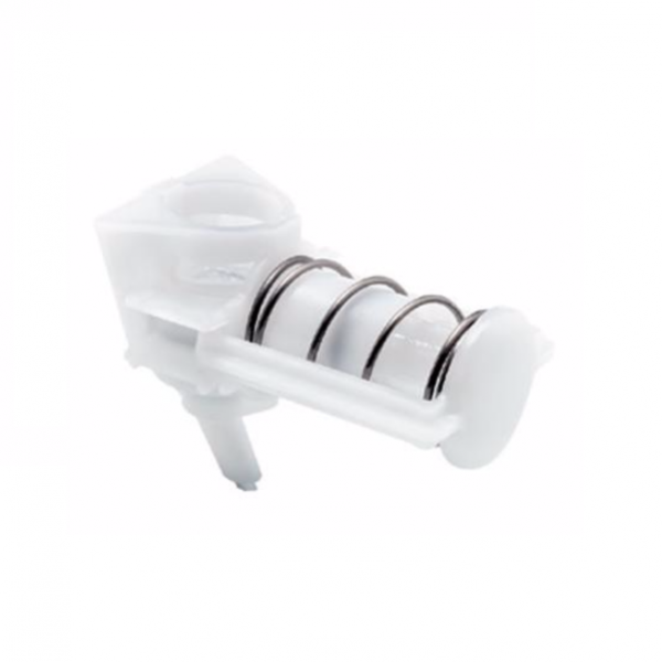 Egy fehér, rugós szelep műanyagból és fémből, két O-gyűrűvel, egy 1ml-es folyadékpumpa pótalkatrésze ömlesztett adagolókhoz (Diversey Deutschland GmbH & Co. OHG), szabványos a Soft Care ömlesztett adagolóban, egyszerű fehér háttéren ábrázolva.