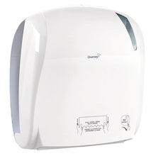 Der weiße Kunststoff-Handtuchrollenspender - autocut von Diversey Deutschland GmbH & Co. OHG bietet hygienische Papierabgabe, einen halbtransparenten Sichtbereich und klare Anweisungen auf der Front für die Papierentnahme (371x330x221 mm).