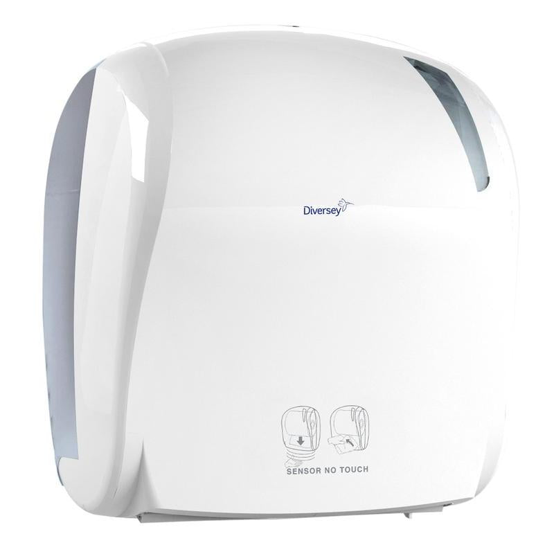 Egy fehér Diversey Deutschland GmbH & Co. OHG elektromos kéztörlő adagoló - autocut rendelkezik "Sensor No Touch" felirattal, egyszerű piktogram utasításokkal, fényes felülettel, automatikus vágással és egy ablak a kéztörlő állapotának megjelenítésére.