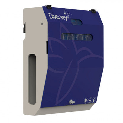 A Diversey Deutschland DF5M (IOC) főegysége egy intelligens, falra szerelhető adagolórendszer kék előlappal, ablaknyílással és szimbólumokkal - ideális házi mosodák számára (max. 4 gép/termék).