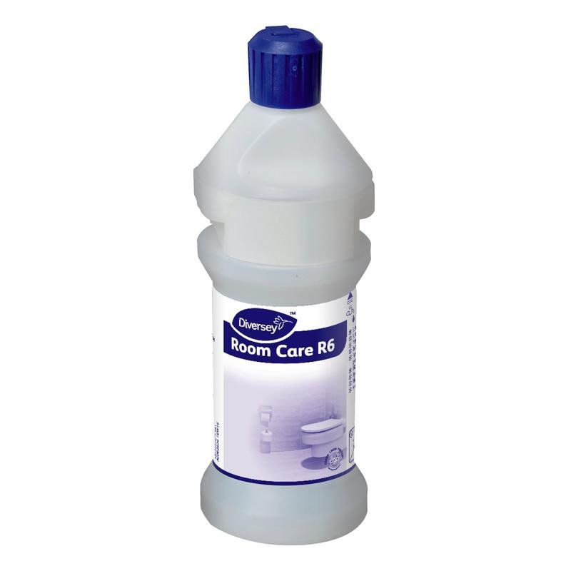 A Diversey Deutschland GmbH & Co. OHG Room Care R6 Plus üveg, üres kék fedéllel és fehér-kék címkével fehér háttér előtt látható - ideális minden tisztítórendszerhez.
