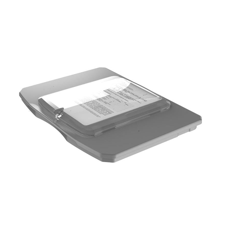 Egy lapolvasó enyhén nyitott fedéllel és egy üvegen lévő sablonnal - ideális digitalizálási útmutatókhoz, például a Di Protect fedélhez iPad-tartóval 1 db, Diversey Deutschland GmbH & Co. OHG.