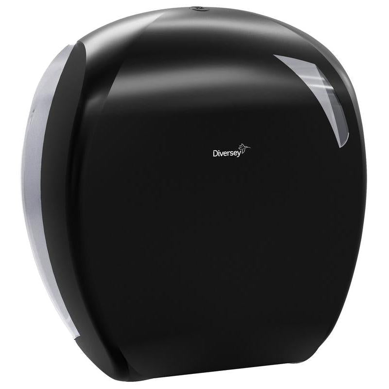 A Diversey Deutschland GmbH & Co. OHG Maxi WC-papír Jumbo tartója egy fekete adagoló átlátszó jobb oldallal és középen logóval - ideális kereskedelmi szaniter területekre. Fehér háttér előtt ábrázolva.