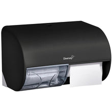 A Diversey Deutschland GmbH & Co. OHG "vízszintes dupla WC-papír tartója" egy fekete falra szerelhető tartó átlátszó alsó résszel, amely két WC-papír tekercset és a márkanevet mutatja az elülső oldalán, miközben a papír a kiadási részen látható.