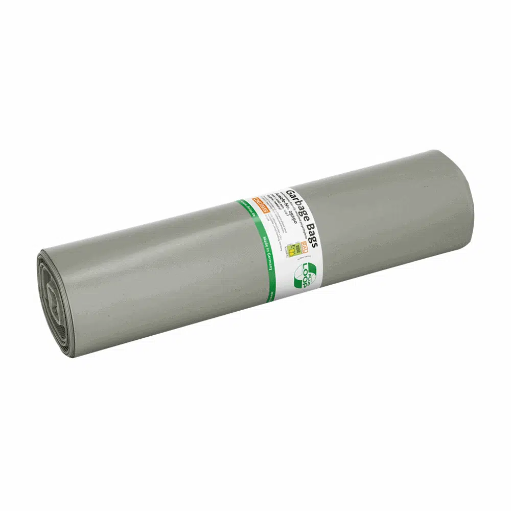 A DEISS LOOP PLUS 29290-es szemeteszsákok, az EMIL DEISS KG (GmbH + Co.) márkájú, 120 literes szürke műanyag fólia, feltűnő zöld és fekete jelölésekkel, szövegekkel és szimbólumokkal van ellátva. A hengeres fólia újrahasznosított anyagból készült, és megfelel a körforgásos gazdaság elveinek, így sokoldalúan felhasználható.