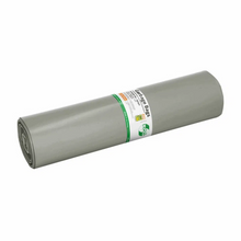 A DEISS LOOP PLUS 29290-es szemeteszsákok, az EMIL DEISS KG (GmbH + Co.) márkájú, 120 literes szürke műanyag fólia, feltűnő zöld és fekete jelölésekkel, szövegekkel és szimbólumokkal van ellátva. A hengeres fólia újrahasznosított anyagból készült, és megfelel a körforgásos gazdaság elveinek, így sokoldalúan felhasználható.