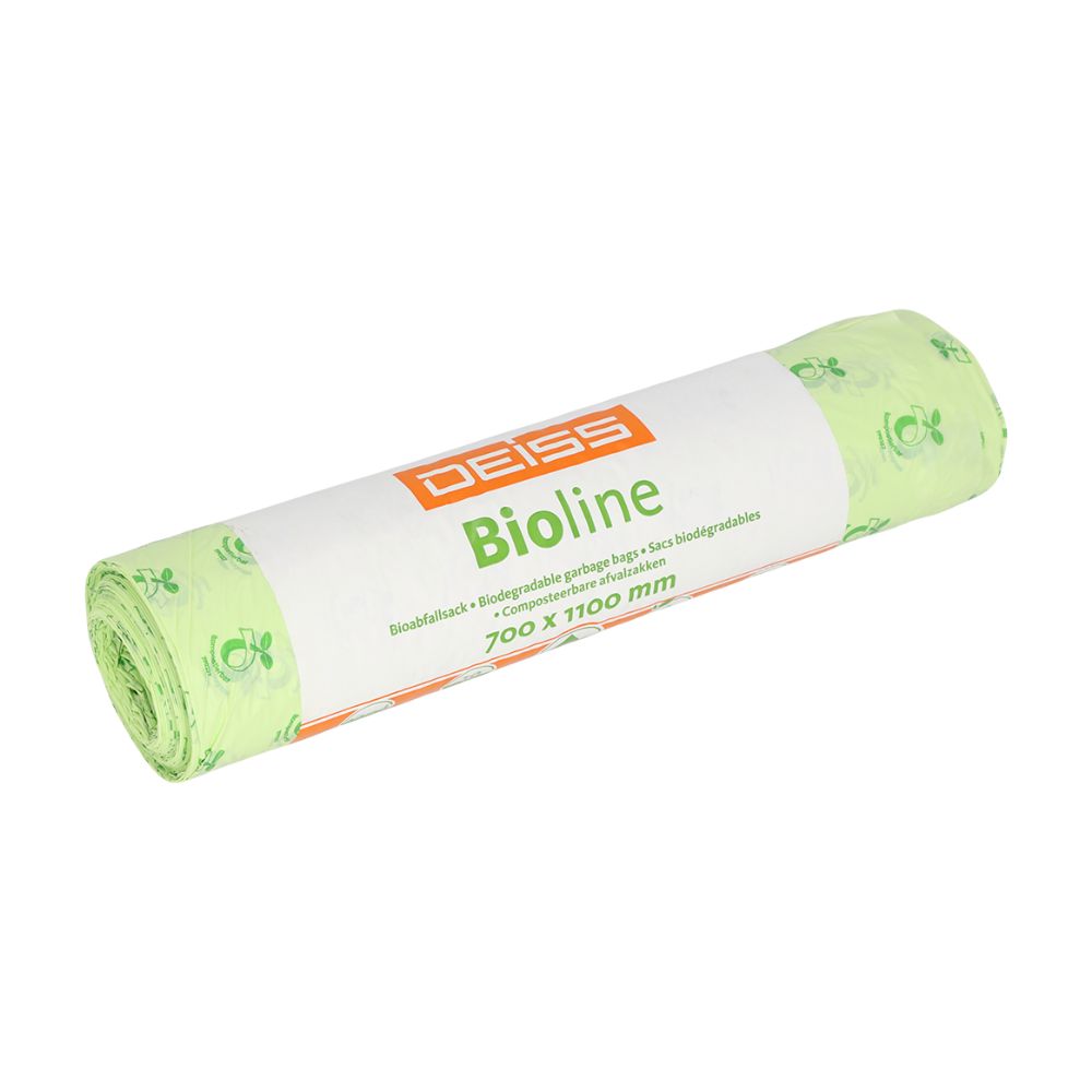 Egy tekercs zöld, biológiailag lebomló DEISS biológiai hulladékzsák 120 literes, az „EMIL DEISS KG (GmbH + Co.)” felirattal, 700 x 1100 mm méretben. A csomagoláson jól láthatóan több nyelven is szerepel a „biológiailag lebomló” felirat.