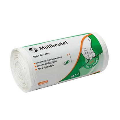 Egy tekercs 80 literes DEISS First Plus® szemeteszsák, amelyet az EMIL DEISS KG (GmbH + Co.) gyártott, zöld-narancssárga címkézéssel. A Premium-LDPE csomagolás méretei 630 x 850 mm, és kiemeli az olyan tulajdonságokat, mint az „extrém szakítószilárdság” és a „könnyű nyitás”.