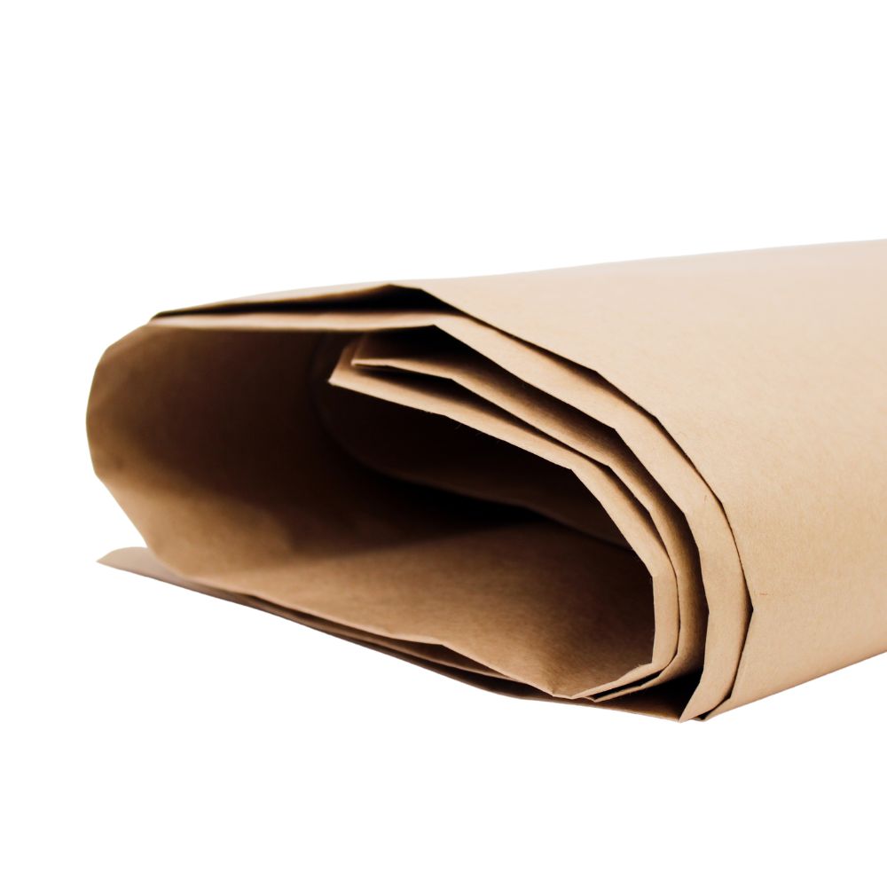 Nahaufnahme DEISS Papiersack 120 Liter von EMIL DEISS KG (GmbH + Co.): mehrere glatte, unbeschriftete braune Kraftpapiersäcke (25er Pack), teilweise gerollt und gestapelt mit sichtbaren Kanten.