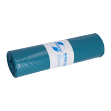 Egy egyszerű fehér háttér előtt egy kék DEISS Premium LDPE szemeteszsák tekercs nyugszik az EMIL DEISS KG (GmbH + Co.) cégtől, fehér címkével, amely a logót mutatja és kiemeli a kiváló termékminőséget.