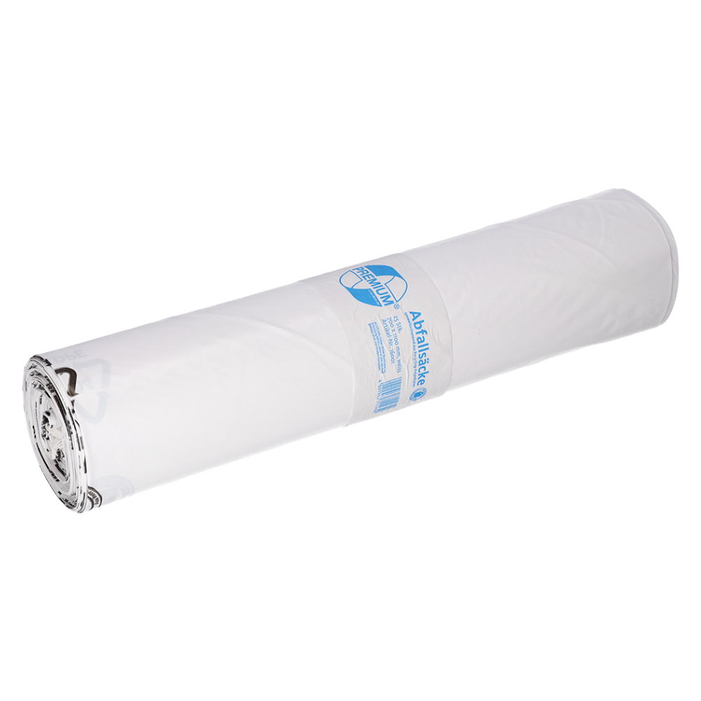 Egy feltekert fehér műanyag szemeteszsák az EMIL DEISS KG (GmbH + Co.) cégtől, kék címkével, amelyen a DEISS 16001 - 700x1100 mm Typ 60 modell látható. A címke büszkén hirdeti 120 literes űrtartalmát, és hangsúlyozza a márka elkötelezettségét az újrahasznosított anyagok használata iránt. Minden tekercs 25 darabot tartalmaz.