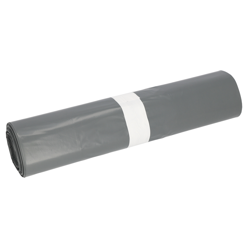 Egy feltekert szürke DEISS Premium® Típus 60 szemeteszsák, amelyet az EMIL DEISS KG (GmbH + Co.) kiváló minőségű újrahasznosított anyagából készítettek, fehér csíkkal van rögzítve. A háttér egyszínű fehér.