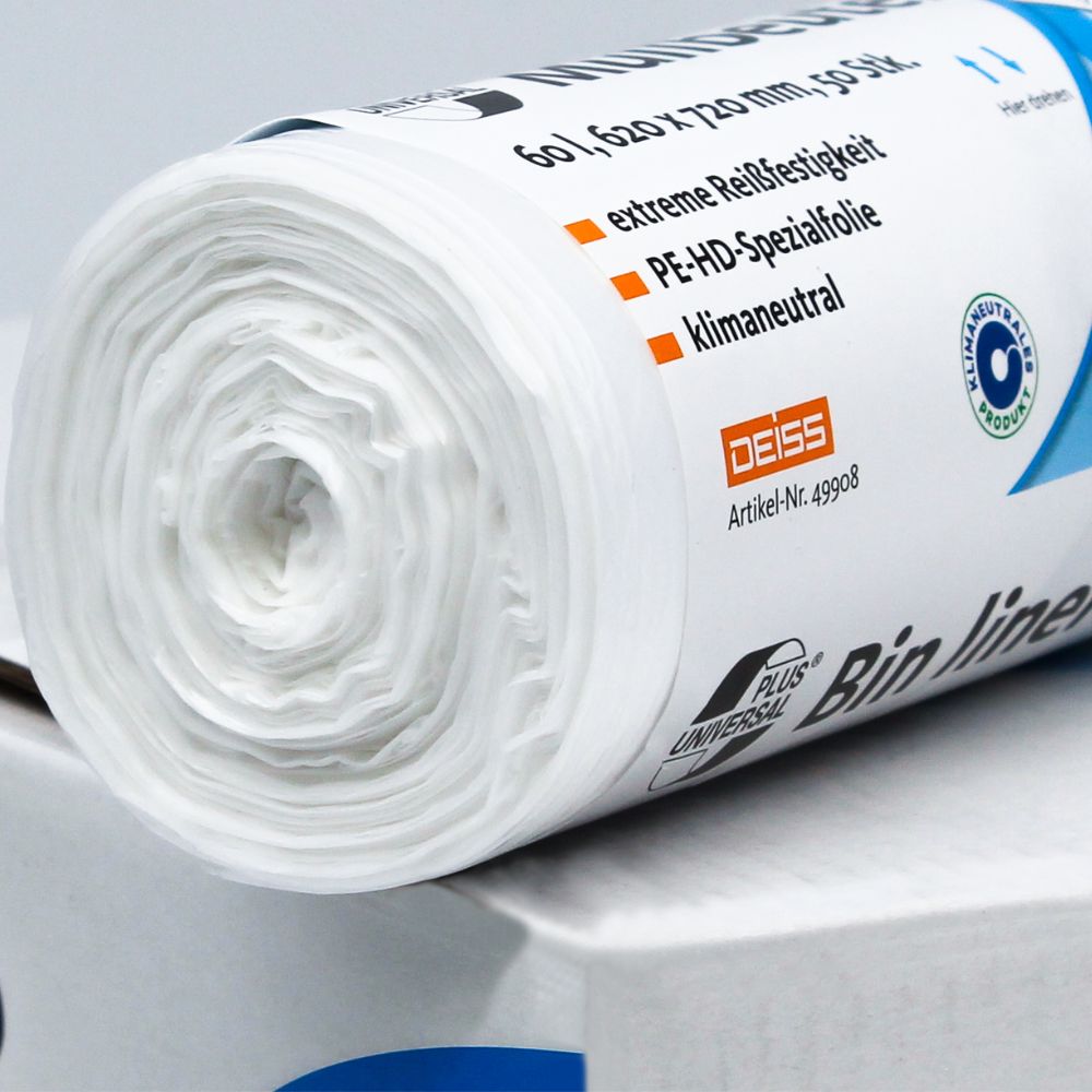 Kiállítanak egy DEISS Universal Plus® szemeteszsákot 60 literes, 49908-as modell, az EMIL DEISS KG (GmbH + Co.) gyártásában. A csomagolás olyan tulajdonságokkal rendelkezik, mint az extrém szakítószilárdság, HDPE speciális fóliából készült konstrukció és klímasemlegesség. Ezenkívül fenntarthatósági tanúsító logóval van ellátva, amely garantálja a környezetbarátságot a szilárdság csorbítása nélkül.