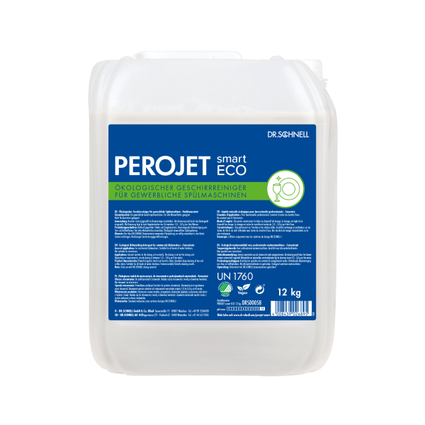 Egy fehér, 12 kg-os műanyag tartály integrált fogantyúval és csavaros kupakkal tartalmazza a Dr. Schnell PEROJET smart ECO mosogatószert a DR.SCHNELL GmbH & Co. KGaA-tól, kék/zöld címkével német nyelven, amely tartalmazza a környezetbarát mosogatószer adatait.