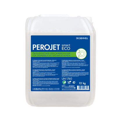 Egy fehér, 12 kg-os műanyag tartály integrált fogantyúval és csavaros kupakkal tartalmazza a Dr. Schnell PEROJET smart ECO mosogatószert a DR.SCHNELL GmbH & Co. KGaA-tól, kék/zöld címkével német nyelven, amely tartalmazza a környezetbarát mosogatószer adatait.