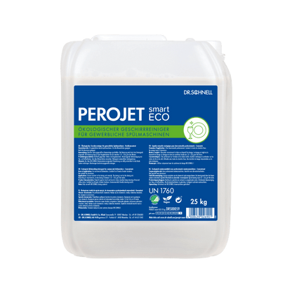 Egy fehér, 25 kg-os műanyag tartály a Dr. Schnell PEROJET smart ECO mosogatószer a DR.SCHNELL GmbH & Co. KGaA-tól, kék, zöld és fehér grafikával. A német címke biológiailag lebomló, környezetbarát ipari mosogatószerként jelöli meg.