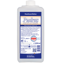 Eine 1.000 ml Plastikflasche Dr. Schnell PUDRAS ohne Duft und Farbstoffe Handwaschmittel von DR.SCHNELL GmbH & Co. KGaA, mit blau-weißem Etikett, Produktinformation, Gebrauchsanweisung, Zertifizierungen und hypoallergener Formel für empfindliche Haut.
